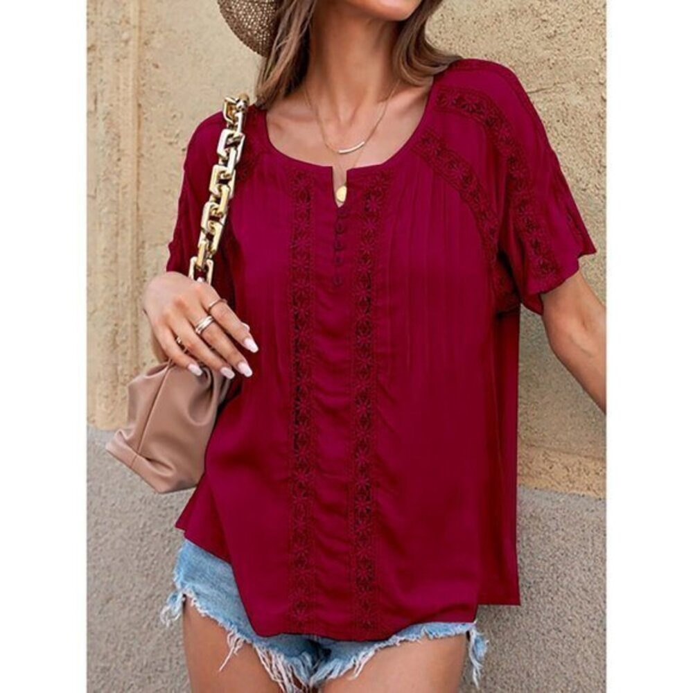 Daily Ritual Lace‎ Burgundy Short Sleeve Pleasant Blouse Size XL RefJ014